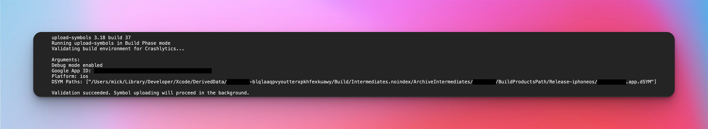 Upload Symbols build phase output with --debug flag enabled